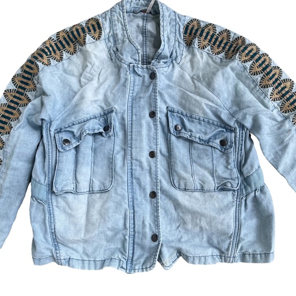 SOLD Free People Embroidered Sleeve Linen Blend Denim Jacket - Picture 3 of 10